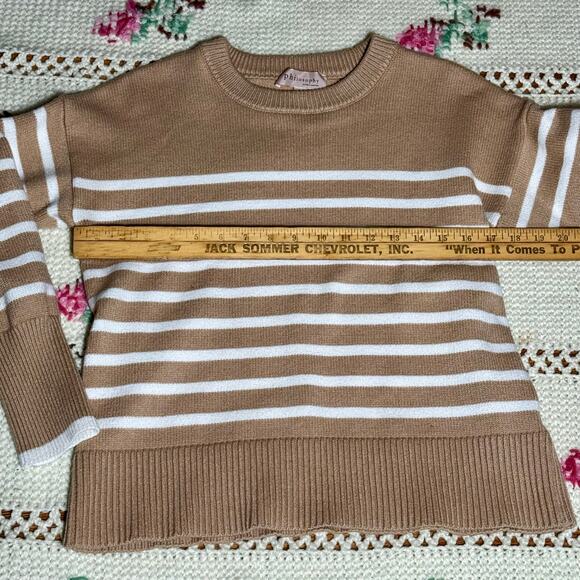 Philosophy Striped Sweater Tan White Size Med Drop Shoulder Cozy Neutral Classic - Picture 4 of 8